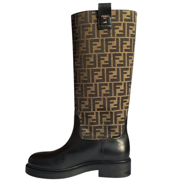 Fendi Filo FF Monogram Canvas and Leather Knee High Boots Black Brown Size 12 - Picture 4 of 16